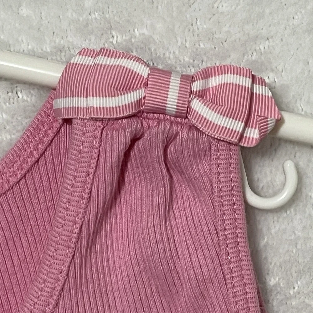 Gymboree Girls Pink Ribbed Tank Top Size 8 Shoulder Bows Embroidered Flamingo